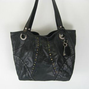 ❤ Fossil Black Studded leather Hathaway Long Live Vintage 1954 large hobo bag ❤